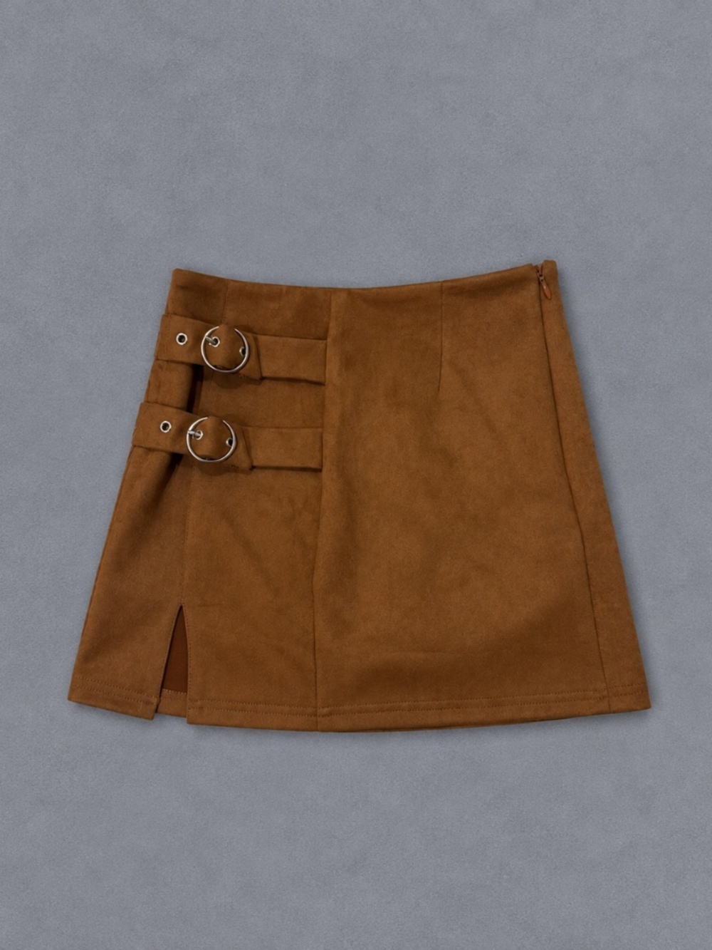 Superdown Brown Faux Suede Buckle Mini Skirt – Size XS
